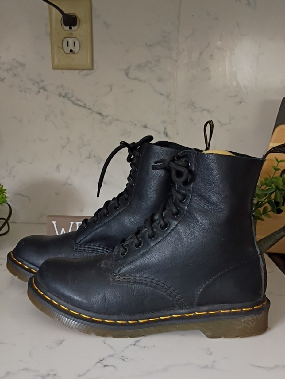 DR.MARTENS  WOMEN Black Leather Lace-Up Combat Boots with Yellow Stitching
